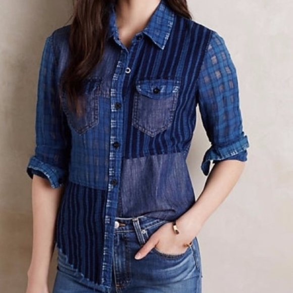 Anthropologie Artisan De Luxe Patchwork Chambray Button Down XS NEVER WORN - Picture 1 of 13